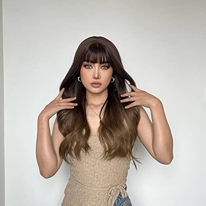 DILLARDS Emmor Dark Brown Wigs To Light Brown Wigs Long Wave Wig With Bangs Curly Wigs For Women Heat Resistant Synthetic Wigs Natural Looking - Image 1
